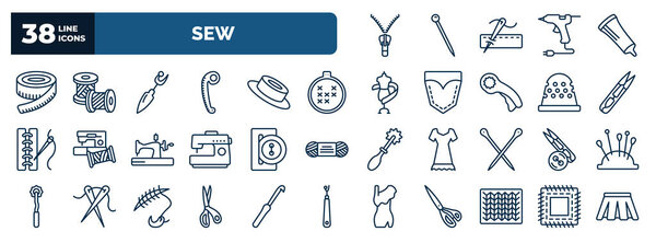 set of sew web icons in outline style. thin line icons such as slide fastener, measuring, seam ripper, arras, thread nippers, buttonhole, sewing tools, cutting tool, knit, , patch vector.