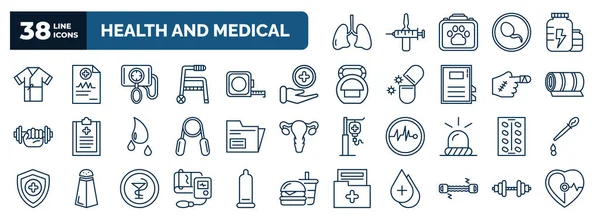 set of health and medical web icons in outline style. thin line icons such as lung, patient robe, blood pressure gauge, health care, yoga mat, records, medical strip, tonometer, chest expander, ,