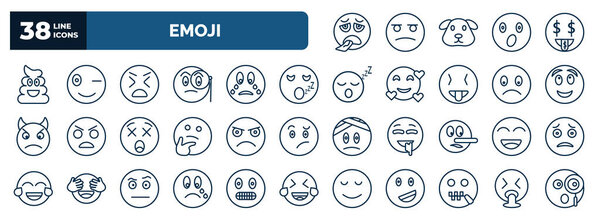 set of emoji web icons in outline style. thin line icons such as exhausted emoji, poo emoji, stress sleeping imagine pouting happy cry -mouth , puking vector.