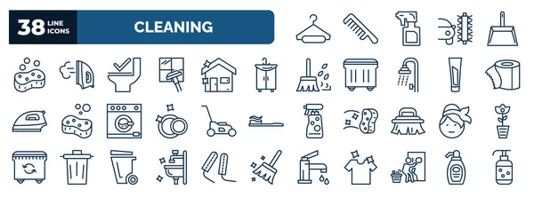set of cleaning web icons in outline style. thin line icons such as hanger cleanin, soap cleanin, toilet cleanin, sink, toilet paper lawn mower, wiping woman head, sink mirror , cream vector.