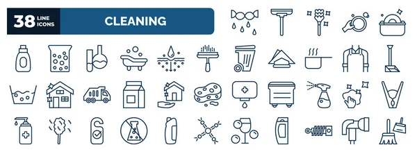 set of cleaning web icons in outline style. thin line icons such as squeeze, stain remover, acid, window cleaner, dust pan, clean-living, neat, preservatives, suspension, , garden hose vector.