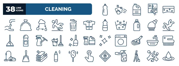 set of cleaning web icons in outline style. thin line icons such as dish soap, hand wash, states of matter, cleaner uniform, wet floor, sweeping, water soak, spray, charwoman, , washing hand vector.