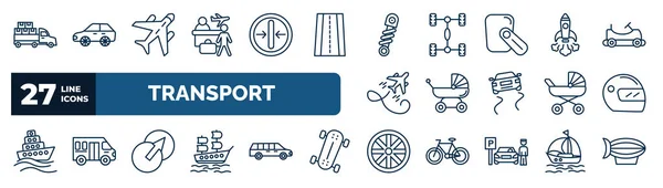 set of transport web icons in outline style. thin line icons such as loaded truck side view, airport checking, shock breaker, space rocket launch, pram, motorsport, transition, alloy wheel vector.