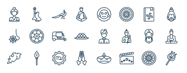 Set Van India Web Iconen Outline Stijl Dunne Lijn Pictogrammen — Stockvector