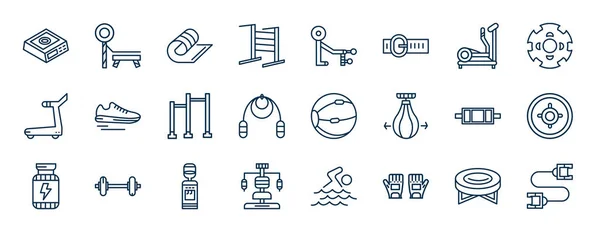 Set Van Fitnesstoestellen Web Iconen Outline Stijl Dunne Lijn Pictogrammen — Stockvector