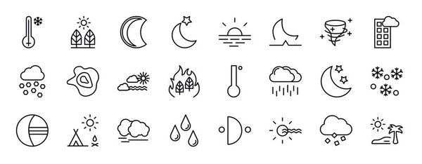 weather editable line icons set. weather thin line icons collection. freezing, daytime, waning moon, twilight, sunshine, moonrise, tropical cyclone vector illustration.