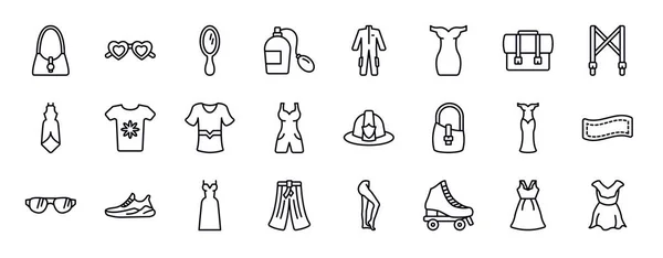moda düzenlenebilir satır simgeleri ayarlandı. moda ince çizgi simgeleri koleksiyonu. Zarif el çantası, kalp gözlükleri, aynalar, leke, iş tulumu, renk, ofis çantası çizimi..