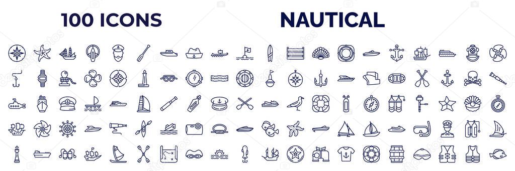 set of 100 nautical web icons in outline style. thin line icons such as wind rose, oars, suroard, marine, double bait, buoy, submarine facing right, caravel, smeaton's tower, old galleon, big