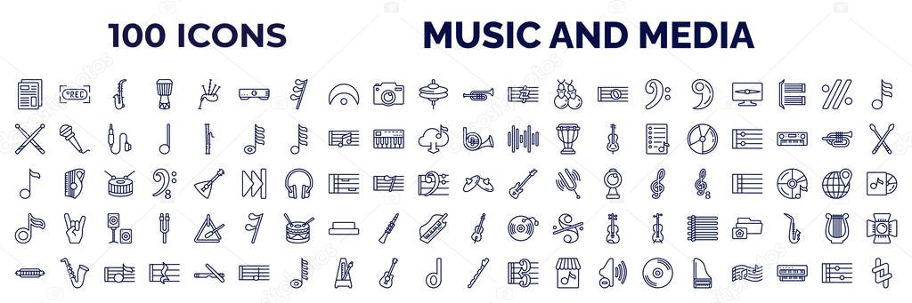 set of 100 music and media web icons in outline style. thin line icons such as newspaper report, amplifier, trombone, breath mark, drumstick, french horn, eighth note, flat, harmonica, pennywhistle,
