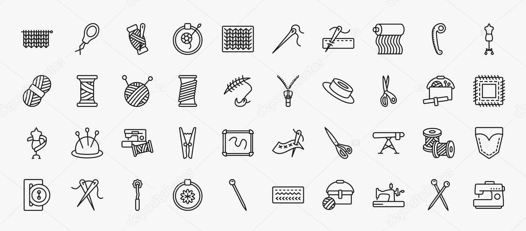 set of 40 sew icons in outline style. thin line icons such as hand craft, threads, fabrics, mannequin, ball of wool, slide fastener, cutting tool, sewing clip art, ironing board, overstitch, old