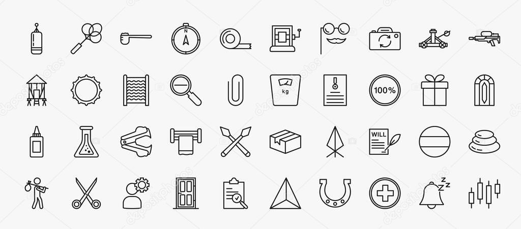 set of 40 miscellaneous collection. icons in outline style. thin line icons such as muay thai, measuring spoon, camera front, flame thrower, washboard, body weight, 100 percent, stapler remover,