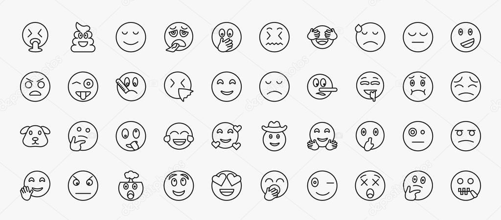 set of 40 emoji icons in outline style. thin line icons such as puking emoji, calm emoji, dissapointment proud ill disappointed drool stupid shushing exploding head dizzy wondering editable vector.