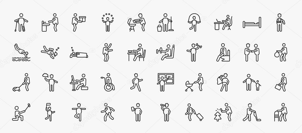 set of 40 behavior icons in outline style. thin line icons such as man with broken leg, stick man with box, man working at desk, fracture arm, sleeping, driving, at restroom, typing, singer with
