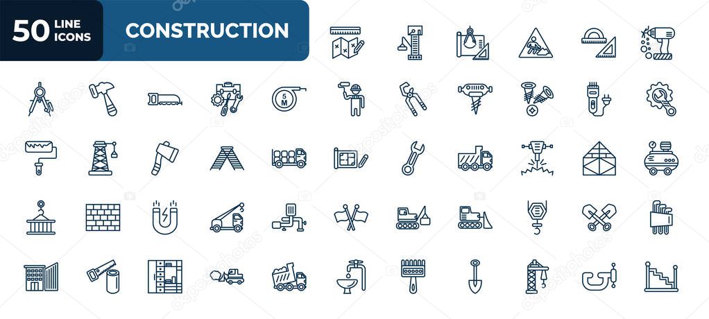 set of 50 construction web icons in outline style. thin line icons such as measures plan, electric drill, five meters ruler, clippers, double ladder, hydraulic breaker, inclined magnet, bulldozer,