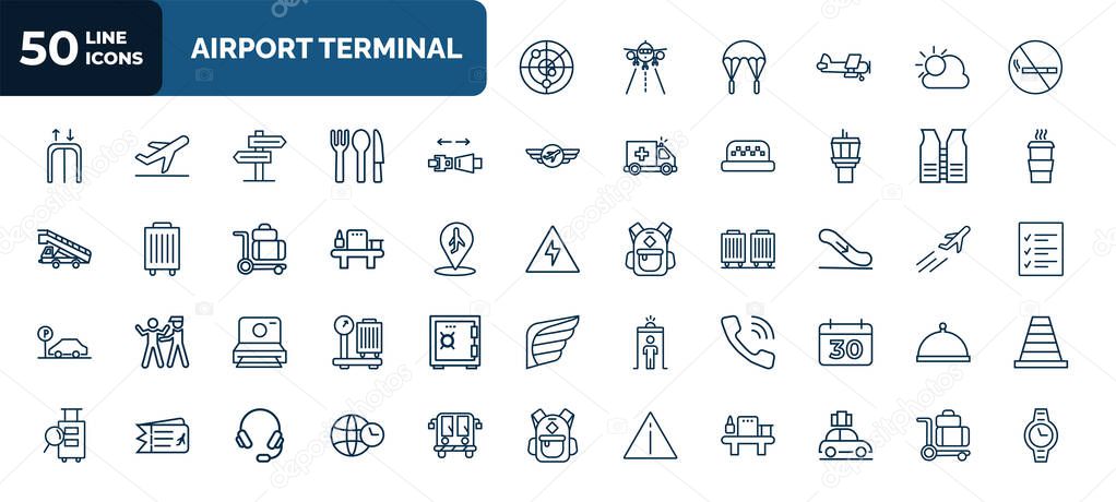 set of 50 airport terminal web icons in outline style. thin line icons such as airport radar, no smoking, airplane security belt, lifesaver best, airport x ray hine, down stairs, vintage camera,