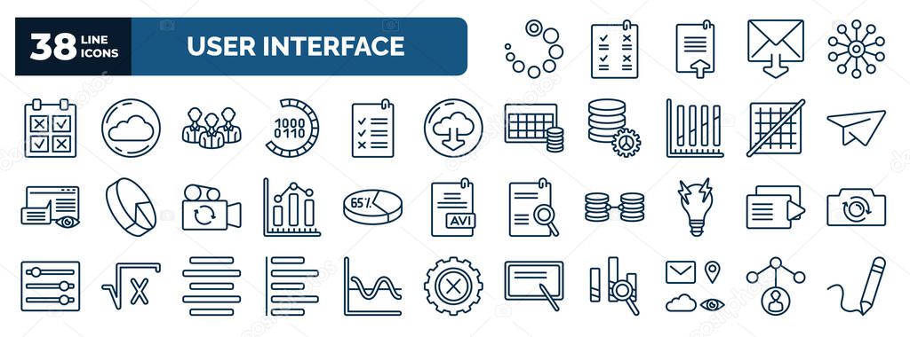 set of user interface web icons in outline style. thin line icons such as loading process, comparision table, humans, download from the cloud, flying origami airplane, percentage chart, play files,