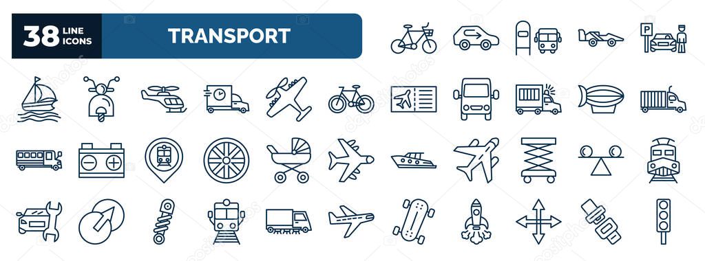 set of transport web icons in outline style. thin line icons such as bikes, sailing boat, small helicopter, bicycle side view, trucking, babysitter, stability, train front view, movement, , seatbelt