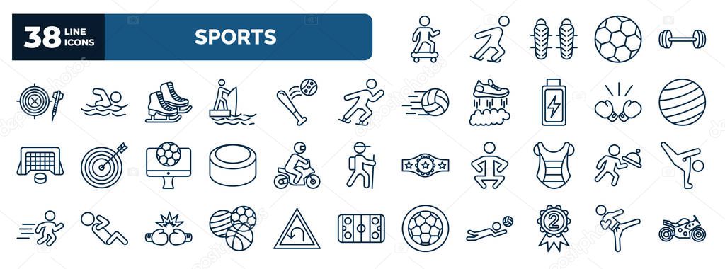 set of sports web icons in outline style. thin line icons such as skating, dartboard with dart, ice skates, ice skating man, gym ball, motorbike riding, waiter falling, balls, second prize, , karate