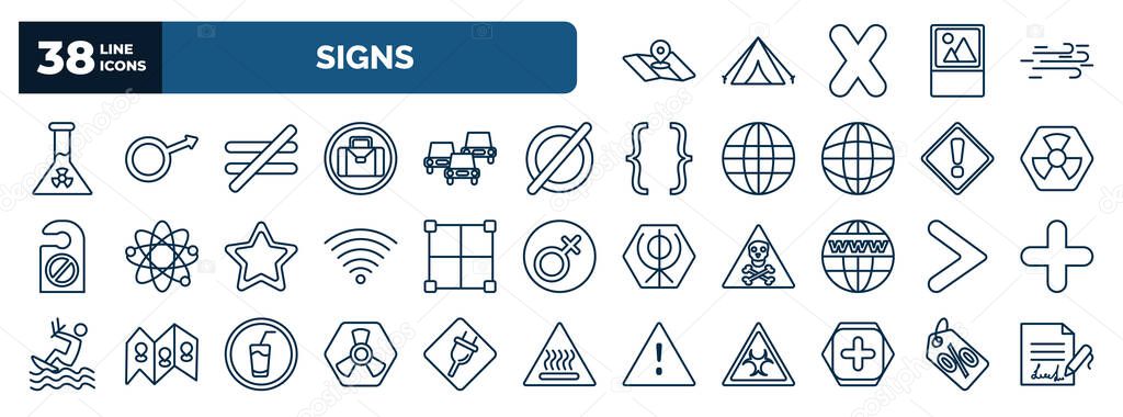 set of signs web icons in outline style. thin line icons such as maps and location, radioactive elements, is not equal to, empty, radioactive warning, borders, is greater than, toxic, addition
