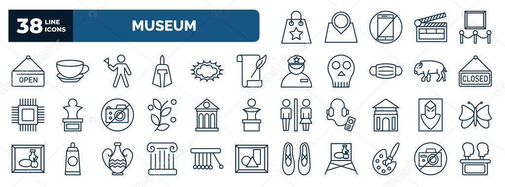 set of museum web icons in outline style. thin line icons such as souvenir, open, excursion, poetry, closed, museum building, el greco, antique column, painting, , no photo vector.