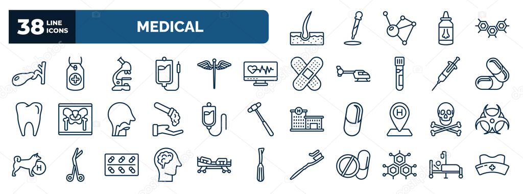 set of medical web icons in outline style. thin line icons such as dermis, gallbladder, microscope tool, medical heart scan, medicine capsules, plasma, skull and bone, brain in bald male head,