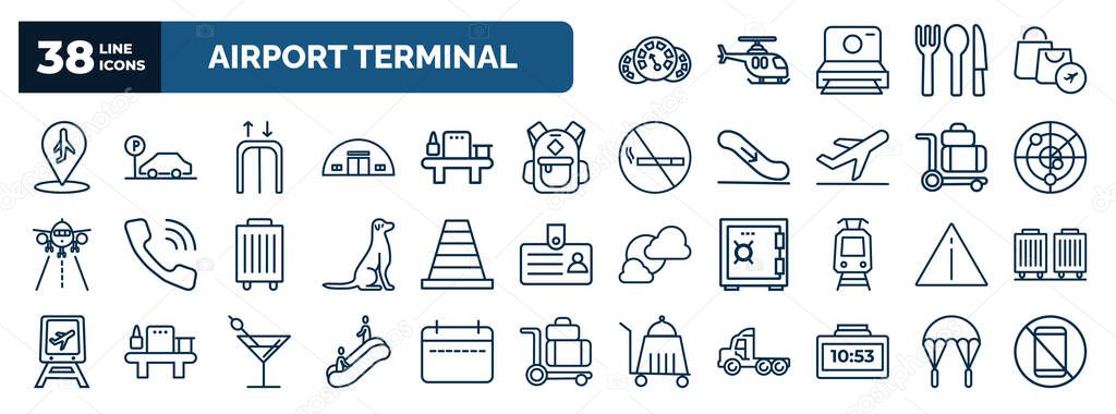 set of airport terminal web icons in outline style. thin line icons such as flight panel, airport placeholder, passenger passway, big backpack, airport radar, road cone, danger sing, or up, terminal