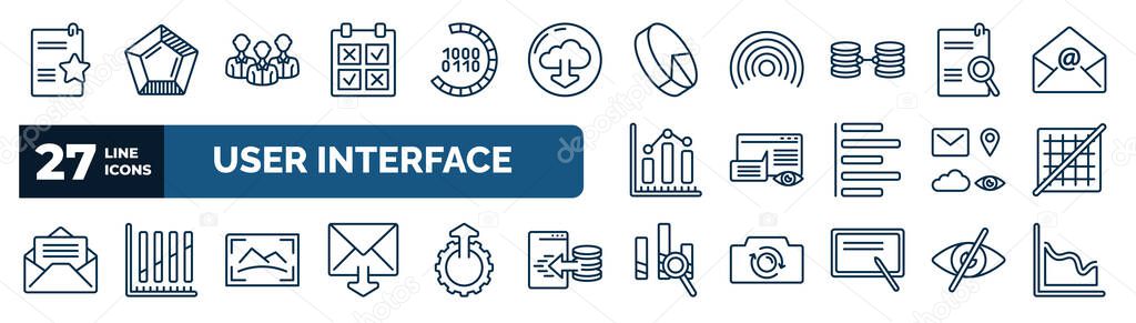 set of user interface web icons in outline style. thin line icons such as documents with a star, comparision table, 3d pie chart, search file, data viewer, grid off, photo size, data analysis