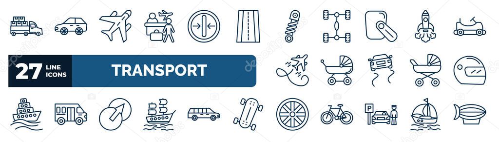 set of transport web icons in outline style. thin line icons such as loaded truck side view, airport checking, shock breaker, space rocket launch, pram, motorsport, transition, alloy wheel vector.