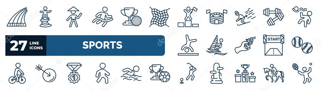 set of sports web icons in outline style. thin line icons such as running track, marathon champion, number one athlete, dumbbell for training, man windsurfing, baseball ball, champion, golf player