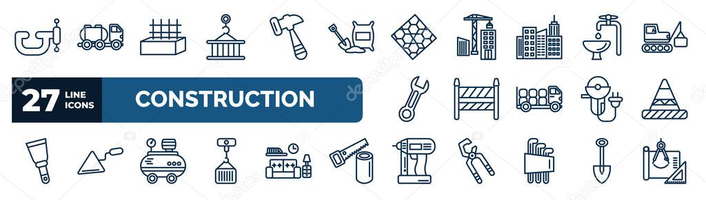 set of construction web icons in outline style. thin line icons such as vise, derrick with pallet, paving, adjusment system, road barrier, road stopper, air compressor, nail gun vector.