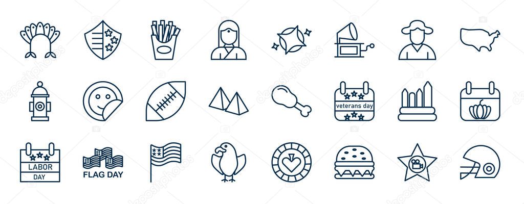 set of united states of america web icons in outline style. thin line icons such as american native, indian, george washington, sticker, turkey leg, thanksgiving day, patriotic, burger vector.
