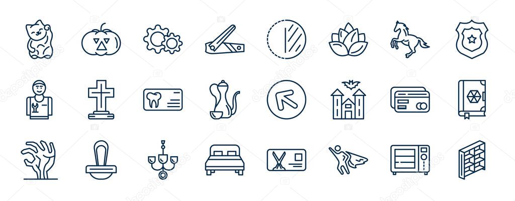 set of other web icons in outline style. thin line icons such as japanese cat, nail trimmer, arab horse, tombstone with cross, arrowup, speell book, chandeliers, super hero vector.