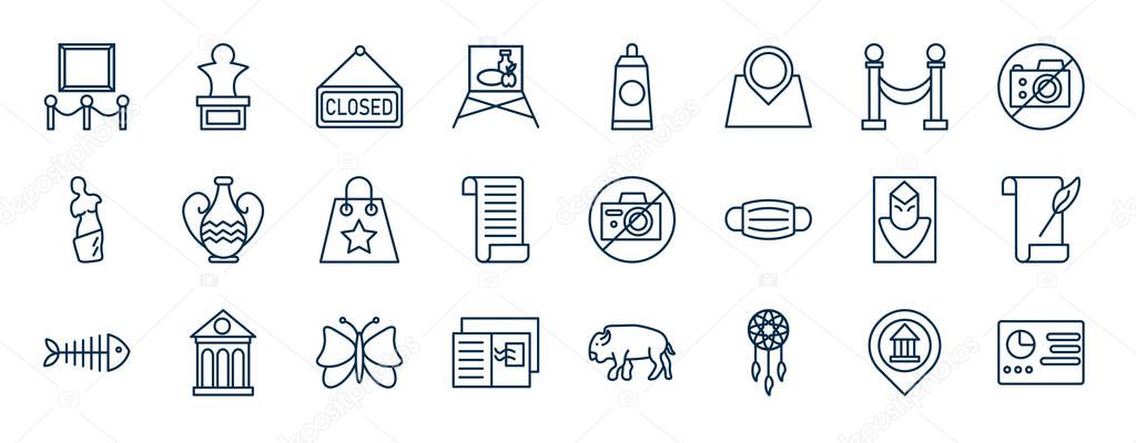 set of museum web icons in outline style. thin line icons such as exhibit, museum canvas, museum fencing, ceramic, no photo, poetry, butterfly, dreamcatcher vector.