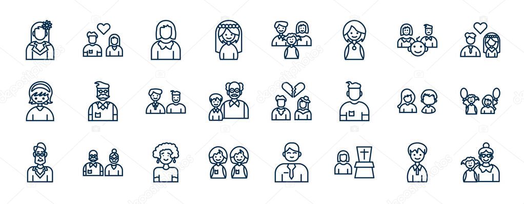 set of family relations web icons in outline style. thin line icons such as cousin, wife, parent, father-in-law, ex-husband, sibling's child, aunt, widow / widower vector.