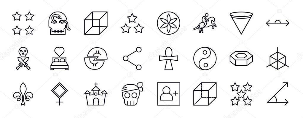 Shapes editable line icons set. shapes thin line icons collection. star with number four, skull and snake, cube, star with number three, flower of life, horseman, inverted cone vector illustration. — Stock Illustration Shapes Editable Line Icons Set Shapes Thin Line Icons Collection Royalty Free Stock Vectors