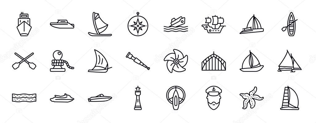 nautical editable line icons set. nautical thin line icons collection. ballast, motorboat, windsurf board, azimuth compass, capsizing, caravel, gunboat vector illustration.