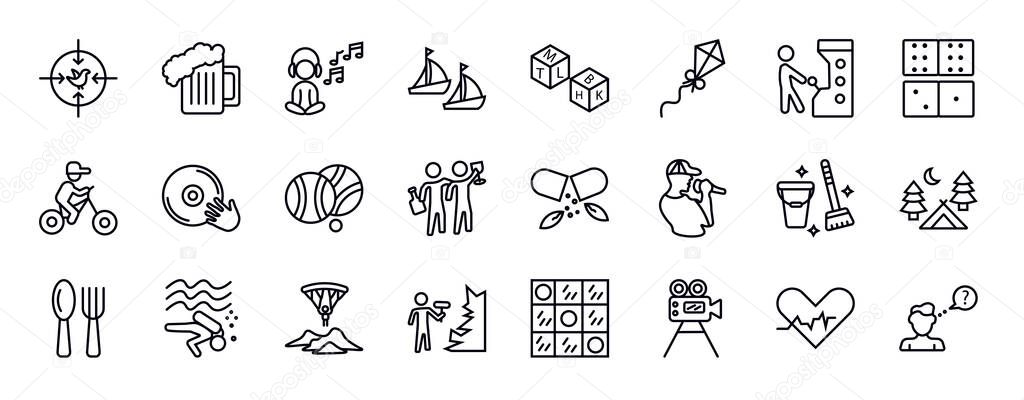 activity and hobbies editable line icons set. activity and hobbies thin line icons collection. hunting, brewing, relaxing, boat race, boggle, flying a kite, pachinko vector illustration.