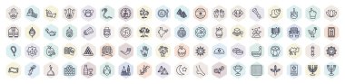 set of religion web icons in outline style. thin line icons such as hamsa hand, lamb of god, burning bush, sacred cow, religious salt, four species, shofar, mezuzah, hamantaschen icon. clipart