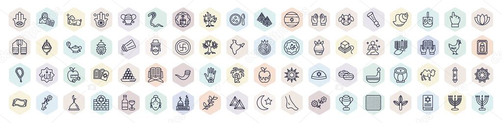 set of religion web icons in outline style. thin line icons such as hamsa hand, lamb of god, burning bush, sacred cow, religious salt, four species, shofar, mezuzah, hamantaschen icon.