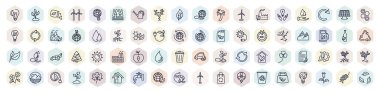 set of ecology web icons in outline style. thin line icons such as eco bulb, seeds, tree with hearts, eco factory, oil drops, snowy mountains, half, tree and roots, 100 percent natural icon.