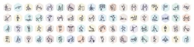 set of behavior web icons in outline style. thin line icons such as climbing stairs, man shopping, man pushing, two men meeting, man fitness, cleaner lifting bar, reading newspaper, throwing trash,