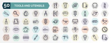 set of tools and utensils web icons in outline style. thin line icons such as utensils, chopsticks, maths compass tool, exercise with dumbbells, battery charging, table fan, cup of tea, pipe losing