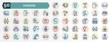 İnsan web simgelerinin ana hatları. Erkek dansı, pes etmek, beslenme, spor yapmak, sırtına yaslanmak, doğa fotoğrafçısı, tekerlekli sandalye, elektrikli süpürge, açık büfe gibi ince çizgi simgeleri.,