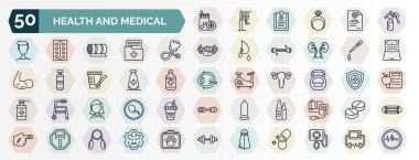 Sağlık ve tıbbi web simgeleri ana hatları şekillerinde. Portakal suyu, göğüs pompası, fonendoskop, pipet, tıbbi madde, kettlebell, kız, ampul, iyonlaştırıcı olmayan radyasyon gibi ince çizgi simgeleri,