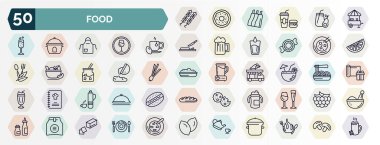 Gıda ağı simgelerinin ana hatları. İnce çizgi simgeleri, brochette, abur cubur standı, sıcak bitkisel, mapo tofu, düşmüş, tropik içecek, termo şişe, biberon, çay seremonisi ikonu gibi..