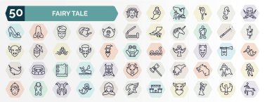Peri masalı ikonlarının ana hatları. Dişi medusa, neşeli Roger, Kiklop, sihirli değnek, Dracula, şeytan, büyü kitabı, cadı, yeti, kale ikonu gibi ince çizgi simgeleri..