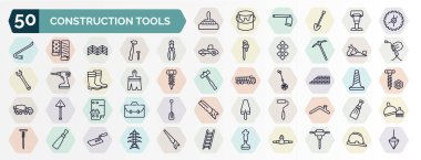 Yapı araçları set web simgeleri ana hatları tarzı. İnşaat işleri, testere, kerpeten, kriko uçak, boya fırçası, tuğla duvar, devre kesici, boya silindiri, macun gibi ince çizgi simgeleri