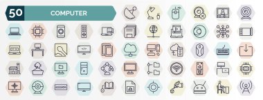 Ana hatlı bilgisayar ağ simgeleri kümesi. Kablosuz bağlantı, web kamerası, çevrimiçi sohbet, bilgi ağı, bilgisayar kodu, fare aygıtı, bilgisayar dizini, wi fi, yuvarlak