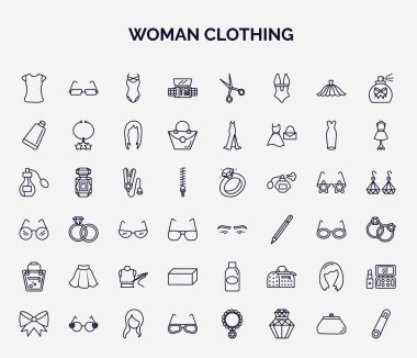 Ana hatlarıyla kadın giyim sitesi simgeleri. Kadınlar için ince çizgi simgeleri, polo tişörtü, göz makyajı, krem kabı siyah, saç demiri, kaş, etek siyah, dikdörtgen.,