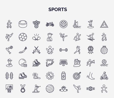 Anahat tarzında spor web simgeleri. Buz pateni, motor sporları, breakdance, ortaçağ eskrimi, hokey golü, paten, ekipman, ayak bileği, spor topu ikonu gibi ince çizgi simgeleri.